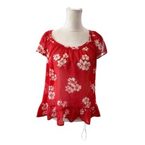 Hollister Red Floral Chiffon Peplum Top Short Sleeve Bow Back Blouse Large